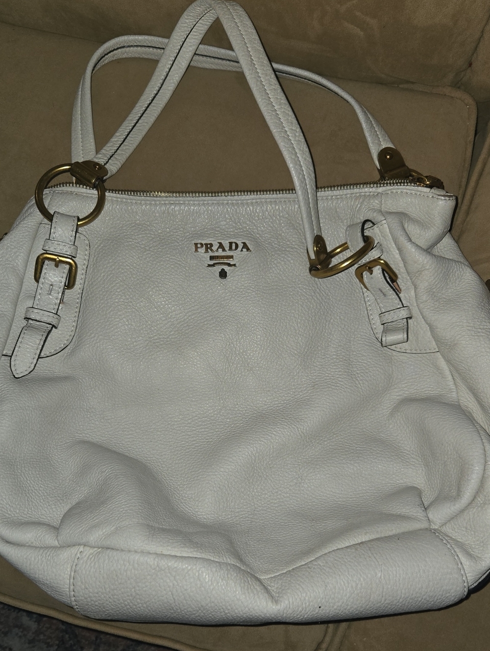 Prada White Leather Shoulder Bag with Gold-Tone Hardware